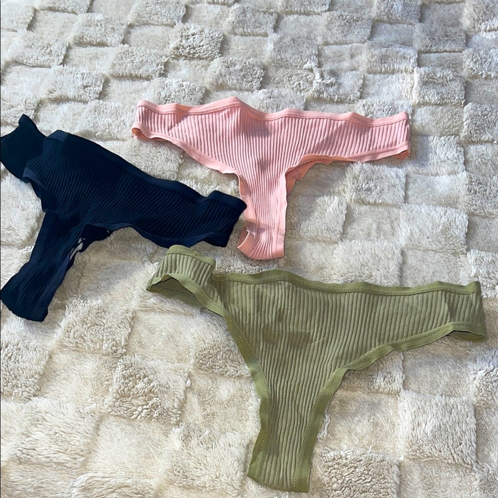 Set of Three Ribbed Thongs - Black, Pink, and Green M